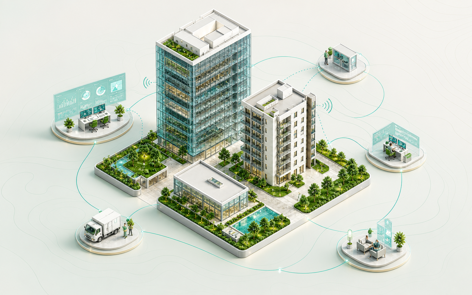 Original illustration of connected commercial and residential properties